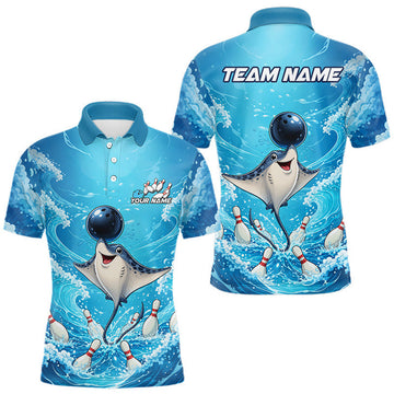 Maxcorners Custom Stingray Bowling Team Jersey Blue Ocean Wave Bowling Shirt for Men Polo & Quarter-Zip LM2607