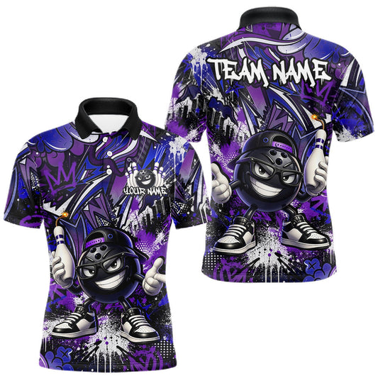 Maxcorners Custom Purple Blue Graffiti Funny Bowling Mascot Shirt for Men Polo & 1/4 Zip for Bowling Team LM2405