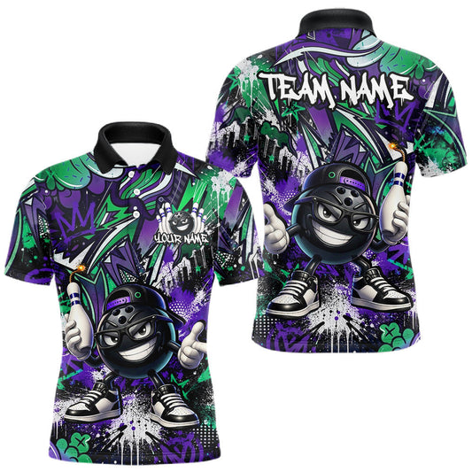 Maxcorners Custom Purple Green Graffiti Funny Bowling Mascot Shirt for Men Polo & 1/4 Zip for Bowling Team LM2405