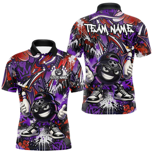 Maxcorners Custom Purple Red Graffiti Funny Bowling Mascot Shirt for Men Polo & 1/4 Zip for Bowling Team LM2405