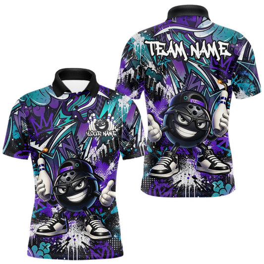 Maxcorners Custom Purple Turquoise Graffiti Funny Bowling Mascot Shirt for Men Polo & 1/4 Zip for Bowling Team LM2405