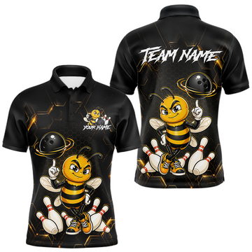 Maxcorners Black & Gold Funny Bee Bowling Shirt for Men Custom Bowling Team Jersey League Polo & Quarter-Zip LM1705