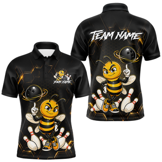 Maxcorners Black & Gold Funny Bee Bowling Shirt for Men Custom Bowling Team Jersey League Polo & Quarter-Zip LM1705