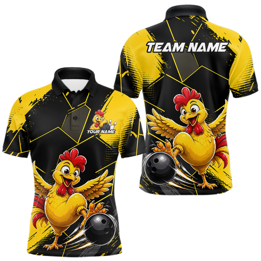 Maxcorners Custom Black & Yellow Funny Chicken Bowling Shirt for Men Bowling Team Jersey Polo & Quarter-Zip LM1705