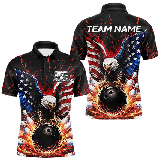 Maxcorners Custom American Flag Eagle Bowling Shirt for Men Flame Patriotic Bowling Jersey League LM2405