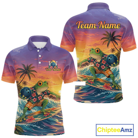 Maxcorners Custom Funny Surfing Frog Bowling Team Shirt for Men, Tropical Sunset Bowling Jersey Bowling Outfit