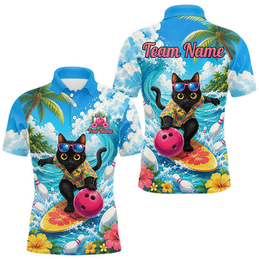 Maxcorners Personalized Black Cat Surf Bowling Shirt for Men, Tropical Team Jersey Bowling Outfit