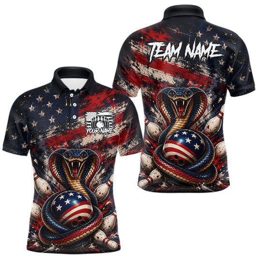 Maxcorners Custom American Flag Cobra Snake Bowling Team Shirt for Men Bowling League Jersey Polo & Quarter-Zip LM0106