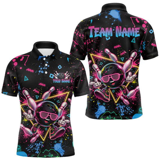 Maxcorners Custom Retro Neon Bowling Shirt for Men, Funny Bowling Ball 80s Synthwave Team Jersey