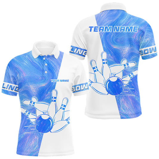 Maxcorners Custom Holographic Blue and White Bowling Shirt for Men Bowling Team Jersey Polo & 1/4 Zip Bowling Outfit LM2806