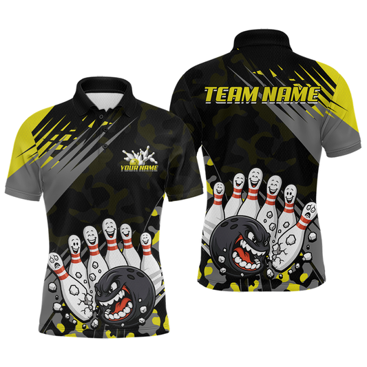Maxcorners Custom Yellow Funny Bowling Shirt Crazy Bowling Jersey Men Polo & 1/4 Zip Bowling Outfit LM2603