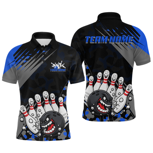 Maxcorners Custom Blue Funny Bowling Shirt Crazy Bowling Jersey Men Polo & 1/4 Zip Bowling Outfit LM2603