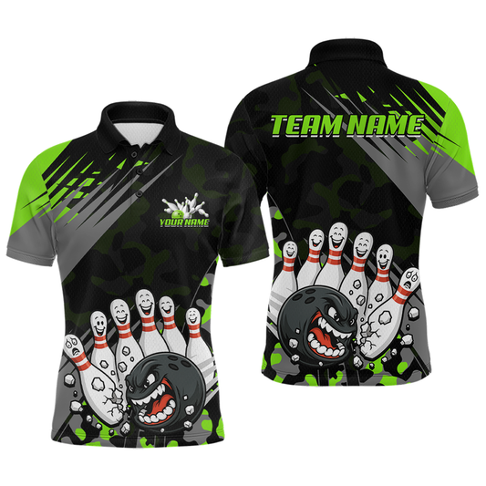 Maxcorners Custom Green Funny Bowling Shirt Crazy Bowling Jersey Men Polo & 1/4 Zip Bowling Outfit LM2603