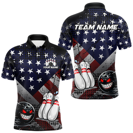 Maxcorners Custom American Flag Funny Bowling Team Shirt for Men Polo & Quarter-Zip Bowling Jersey Blue Red White