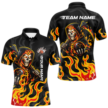 Maxcorners Custom Orange Flame Skull Bowling Shirt for Men Bowling Jersey League Bowling Gifts
