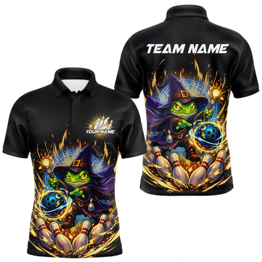 Maxcorners Personalized Frog Wizard Bowling Shirt for Men Flame Bowling Jersey League Polo & Quarter-Zip LM0404