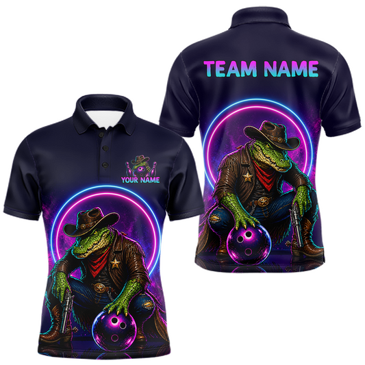 Maxcorners Custom Neon Cowboy Alliagator Bowling Shirt for Men Bowling Team Jersey Polo & Quarter-Zip Bowling Outfit LM1705