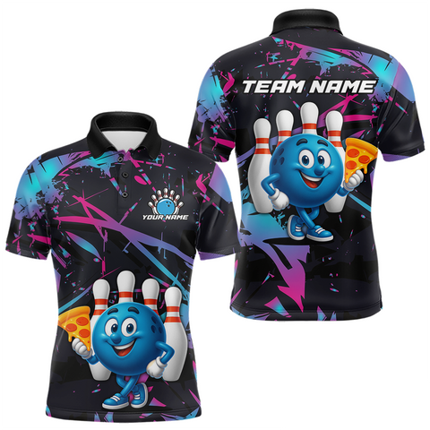 Maxcorners Custom Blue & Pink Funny Bowling with Food Bowling Shirt Polo & 1/4 Zip Jersey Bowling & Pizza for Men LM3010