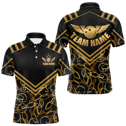 Maxcorners Custom Black & Gold Bowling Pattern Shirt for Men Bowling Team Jersey Polo & 1/4 Zip Bowling Outfit