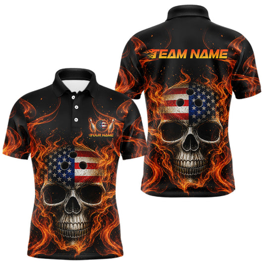 Maxcorners Custom Orange Flames Skull Bowling Shirt for Men Bowling Team Jersey Bowling Outfit Polo & 1/4 Zip