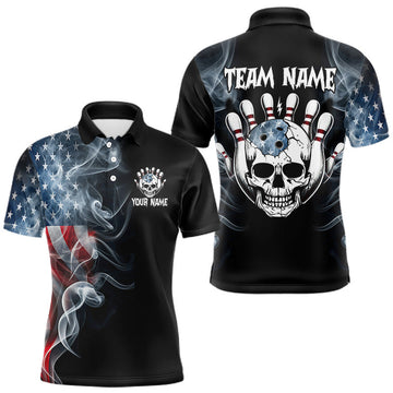 Maxcorners Custom American Flag Skull Bowling Team Jersey for Men Bowling Shirt Bowling Outfit