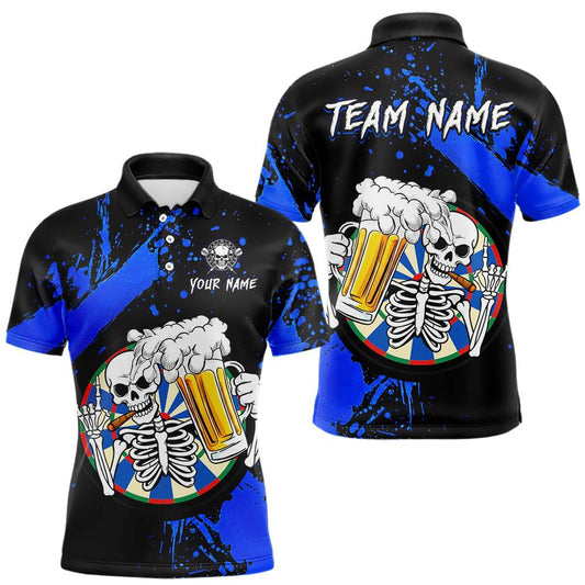 Maxcorners Custom Blue Skeleton Dart Jersey for Team Polo & 1/4 Zip Beer Dartboard Shirts Dart Jerseys Gift for Men LM2602
