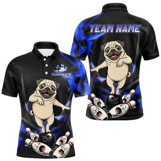 Maxcorners Custom Blue Funny Pug Dog Bowling League Shirt for Men Polo & 1/4-Zip Bowling Jersey for Team LM2603