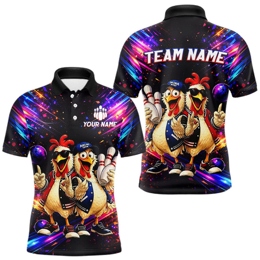 Maxcorners Custom Neon Funny Chicken Bowling Team Jersey for Men Bowling Shirt Bowling Tournament Polo & 1/4-Zip