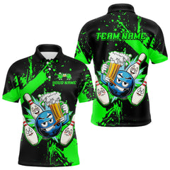 Maxcorners Custom Green Funny Beer Bowling Shirt for Men Bowling League Jersey Polo 1/4 Zip Bowling Outfit LM1812