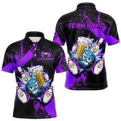 Maxcorners Custom Purple Funny Beer Bowling Shirt for Men Bowling League Jersey Polo 1/4 Zip Bowling Outfit LM1812