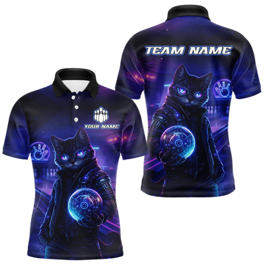Maxcorners Personalized Neon Cat Bowling Shirt for Men Bowling Team Polo & Quarter-Zip Bowling Outfit