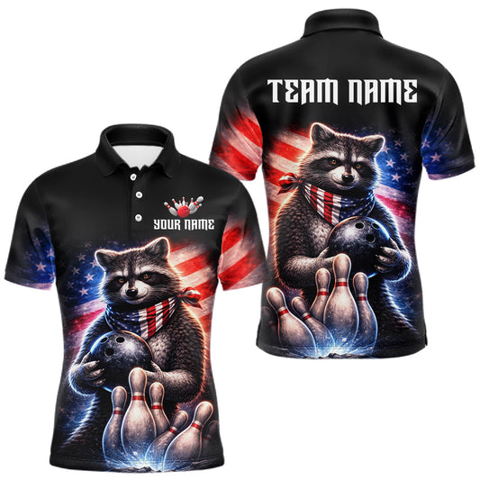 Maxcorners Custom American Flag Raccoon Bowling Shirt Bowling Jersey for Men Patriotic Bowling Polo & 1/4-Zip LM0404