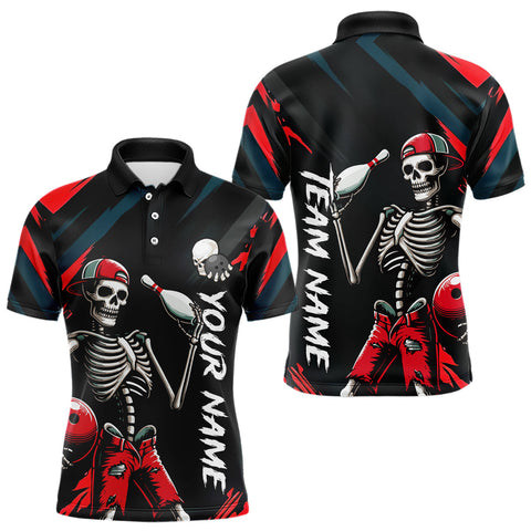 Maxcorners Custom Red Skull Bowling Team Shirt for Men Polo & 1/4 Zip Bowling League Jersey Bowling Unisex LM3010