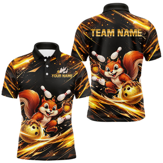 Maxcorners Back & Gold Squirrel Bowling Team Shirt for Men Custom Funny Bowling Jersey Polo & 1/4-Zip Bowling Outfit LM2704