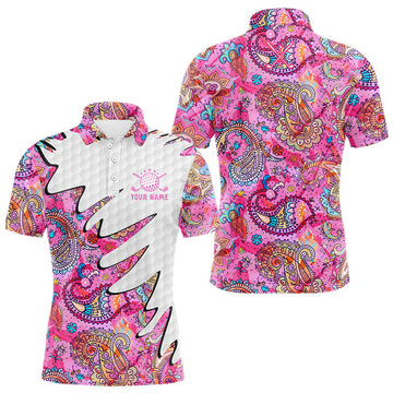 Maxcorners Pink Paisley Pattern Mens Golf Polo Shirt Custom Tropical Golf Attire For Men, Golf Gifts