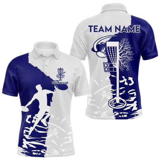 Maxcorners Mens Disc Golf Polo Shirt Custom Name White And Blue Disc Golf Basket Personalized Disc Golf Shirts