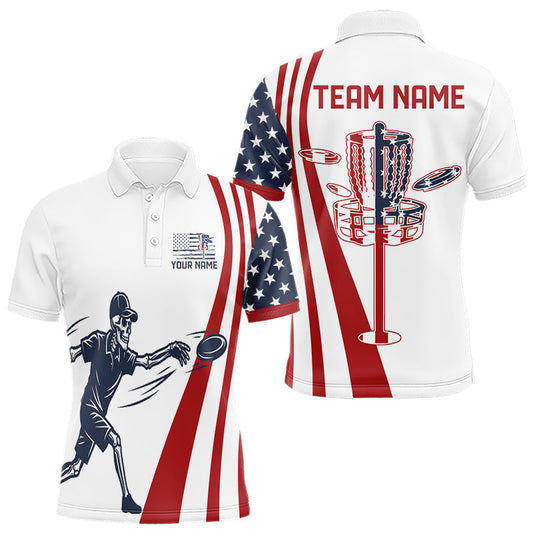 Maxcorners Funny Skull Mens Disc Golf Polo Shirt Custom American Flag Disc Golf Basket Personalized Golf Shirts LM0901