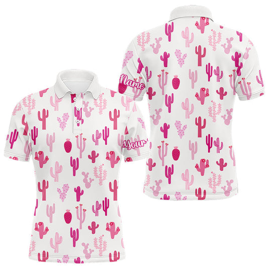 Maxcorners Funny Pink Cactus Pattern Mens Golf Polo Shirts Custom Cactus Golf Attire For Men, Golfer Gift