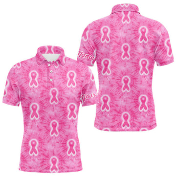 Maxcorners Pink Breast Cancer Golf Shirt Custom Name Tie Dye Mens Golf Polo Shirt Personalized Golf Gifts LM2201