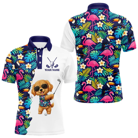 Maxcorners Funny Mens Golf Polo Shirts Custom Tropical Pattern, Golden Retriever Golf Shirt, Dog Lover Gift