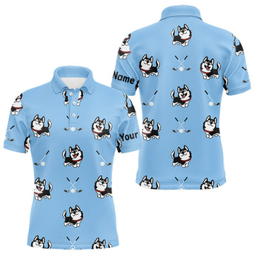 Maxcorners Funny Husky Mens Golf Polo Shirt Custom Blue Golf Clubs Pattern Golf Team Shirt, Dog Lover Gift