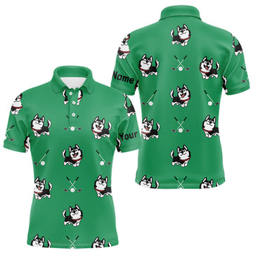 Maxcorners Mens Golf Polo Shirt Custom Funny Husky Green Pattern Team Men Golf Tops, Dog Lover Gift LM2201