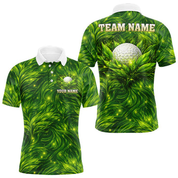 Maxcorners Green Mens Golf Polo Shirt Custom Leaf Pattern Golf Ball Personalized Team Golf Tops, Golf Gifts