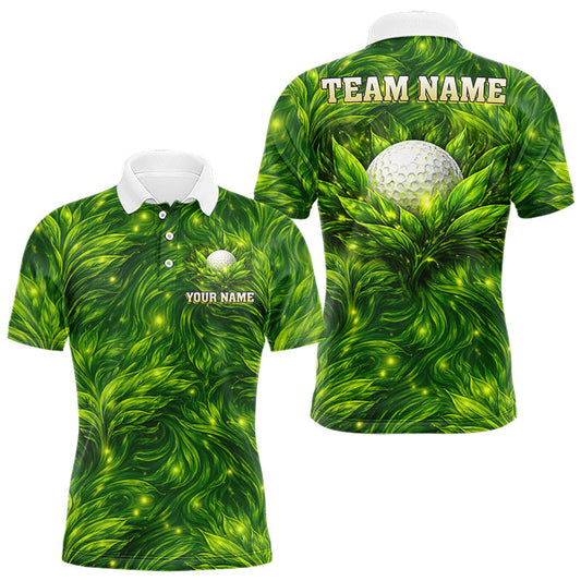 Maxcorners Green Mens Golf Polo Shirt Custom Leaf Pattern Golf Ball Personalized Team Golf Tops, Golf Gifts