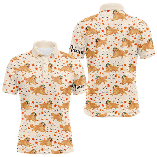 Maxcorners Golden Retriever Mens Golf Polo Shirt Custom Autumn Leaves Pattern Funny Golf Tops, Dog Lover Gift