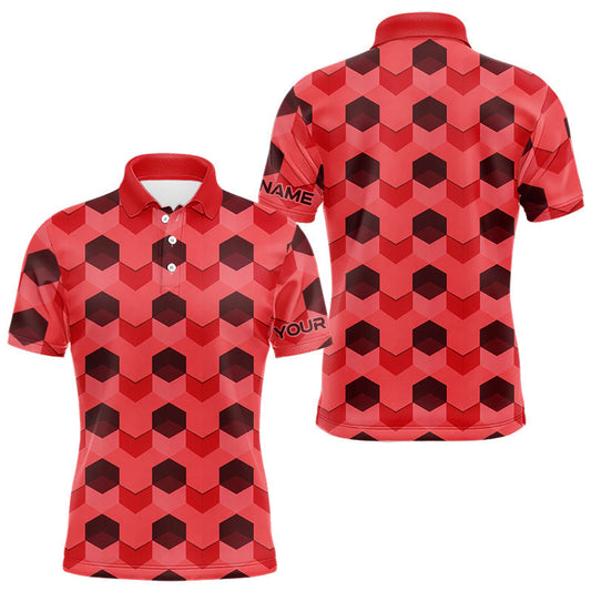 Maxcorners Plaid Mens Golf Polo Shirt Custom Abstract Red Hexagon Pattern Golf Shirts For Men LM1501