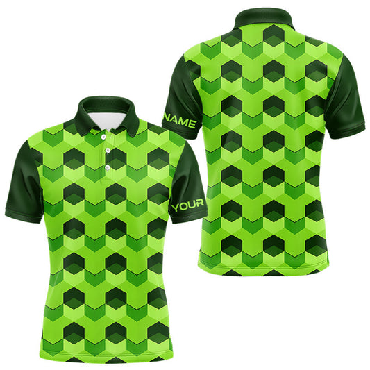 Maxcorners Plaid Mens Golf Polo Shirt Custom Abstract Green Hexagon Pattern Golf Shirts For Men LM1501