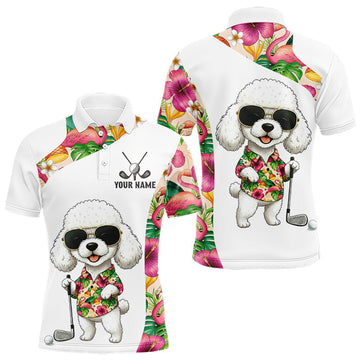 Maxcorners Funny Mens Golf Polo Shirt Custom Tropical Flamingo Pink Pattern, White Poodle Golf Outfit For Men