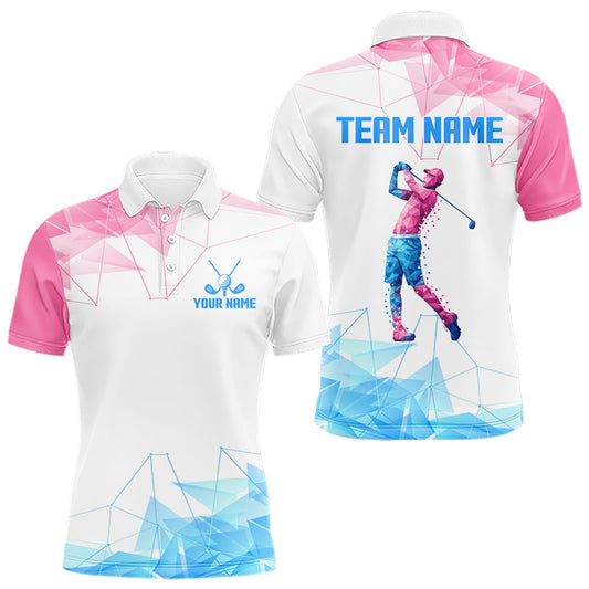 Maxcorners Blue And Pink Polygonal Pattern Mens Golf Polo Shirts Custom White Golf Clubs Golf Shirt For Men LM0101
