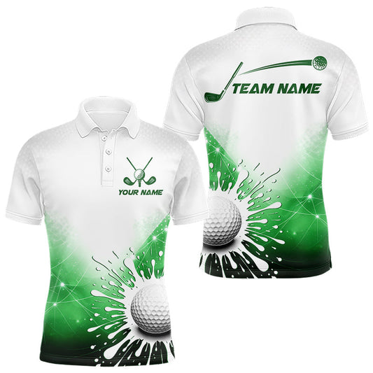 Maxcorners Green Geometric Triangle Pattern Mens Golf Polo Shirt Custom Watercolor Golf Ball White Golf Tops LM0901